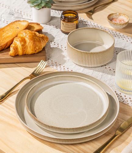 GBHOME Stoneware Dinnerware Sets for 4, 12 Pieces Plates and Bowls Set | Lightweight Ceramic Ribbed Dishes,Reactive Glaze Stackable Plate Set,Scratch Resistant,Microwave & Dishwasher Safe,Cappuccino - color: Cappuccino