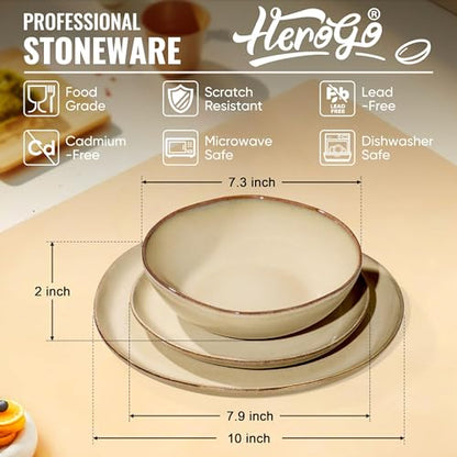 Herogo Dinnerware Sets for 8, 24pcs Stoneware Dinner Dish Set, Irregular Handmade Plates and Bowls Dishware, Crack and Scratch Resistant, Microwave & Dishwasher Safe, Cream Khaki - color: Cream Khaki, size: 8 Set (24pcs)