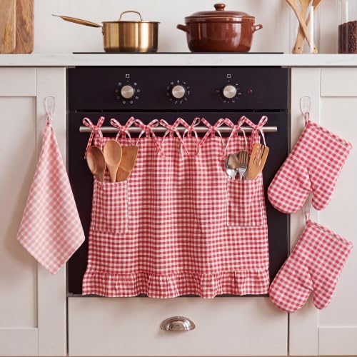 4 Pcs Red Gingham Oven Skirt Curtain Set with Mitts & Hand Towel | 29 x 21 in Farmhouse Rustic Kitchen Stove Cover, Heat-resistant Door Curtain with Ribbon Ties, for Holiday & Everyday Kitchen