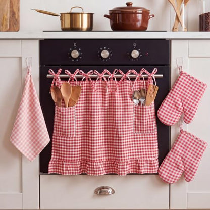 4 Pcs Red Gingham Oven Skirt Curtain Set with Mitts & Hand Towel | 29 x 21 in Farmhouse Rustic Kitchen Stove Cover, Heat-resistant Door Curtain with Ribbon Ties, for Holiday & Everyday Kitchen