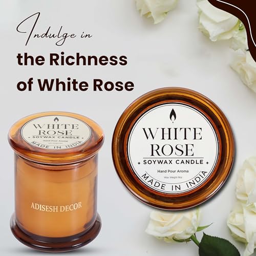 Long-Lasting White Rose Soy Wax Candle | Scented Candles for Home Decoration | 60+ Hour Burn Time Hand-Poured in Glass Jar | Classic, Delicate, and Clean Floral Fragrance