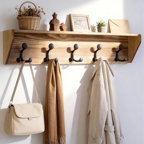 SKOLOO Wall Shelf with Hooks, 35-Inch Coat Rack Wall Mount with Shelf Organizer - Heavy Duty, 5 Tri Hooks - Perfect for Entryway, Hallway, Living Room, Bedroom, Mudroom, Wood Brown & Black - color: Wood Brown, size: 35 inch with 5 hooks