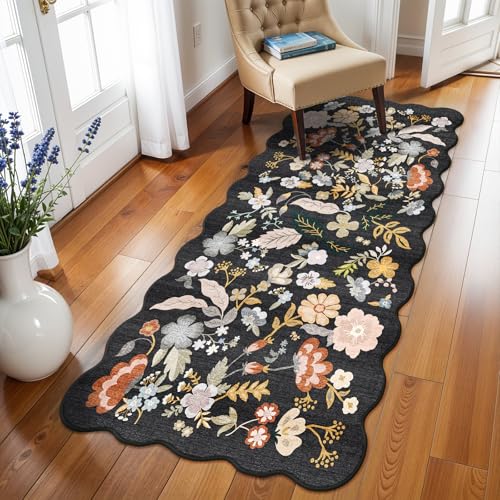 3x6 Washable Kitchen Runner Rug: Floral Scalloped Hallway Runner Rugs Black | Non Slip Stain Resistant Floor Mat for Entryway - Boho Ultra Thin Low Pile Wide Carpet Runner for Bedroom Living Room - color: Black, size: 3' x 6' (Runner)
