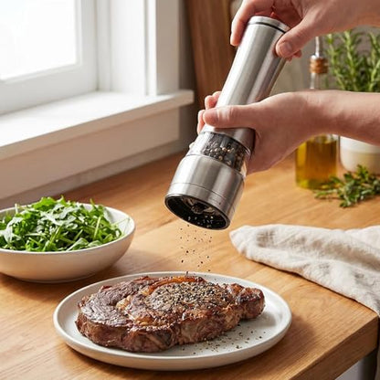 Salt and Pepper Grinder Set Stainless Steel Manual Salt Grinder Pepper Grinder Visible Adjustable Ceramic Grinding Rotor 2 Packs Set 6.5 inch Each - size: L 6.5inch
