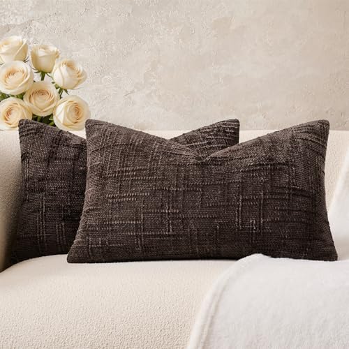 Throw Pillow Covers Pack of 2 12x20 Inch Textured Lumbar Pillow Covers, Soft Chenille Brown Decorative Neutral Covers for Couch Sofa Bed Livingroom, Farmhouse Home Boho Decor - color: Brown, size: 20" x 12" (Pack of 2)