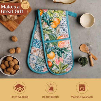 Maison d' Hermine Double Oven Mitts 100% Cotton Double Oven Glove (7"x35") | Heat Resistant BBQ Cooking Gloves with Loop Baking Grilling Kitchen Hotel Home Farmhouse Spring Summer - Agrume - color: 010 - Agrume, size: 7" x 35" (Double Oven Mitt)