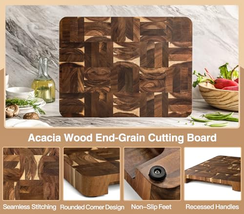 XINZUO Large Thick End Grain Acacia Wood Cutting Board -(16‘’L x 12''W x 1.6''T)-Dark Wood Cutting Board,Reversible Wooden Chopping Board with Non-Slip Feet-Catches Food and Waste-Giftbox - size: 16"L x 1"W
