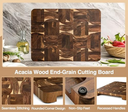 XINZUO Large Thick End Grain Acacia Wood Cutting Board -(16‘’L x 12''W x 1.6''T)-Dark Wood Cutting Board,Reversible Wooden Chopping Board with Non-Slip Feet-Catches Food and Waste-Giftbox - size: 16"L x 1"W