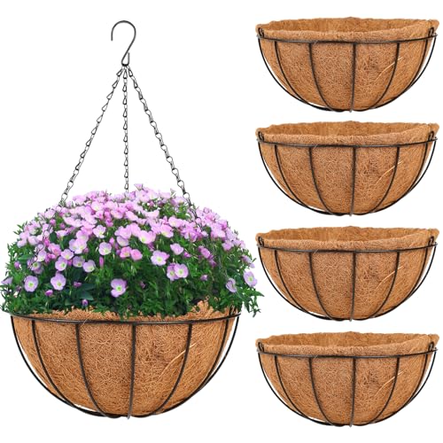 HKZ Hanging Basket Planter Plants Outdoor - 4 Pack 12 Inch Metal Hanging Planter with Coco Liners, Chain Hook Hanging Flower Pots for Indoor Outdoor Garden Porch Decoration - size: 12 Inch