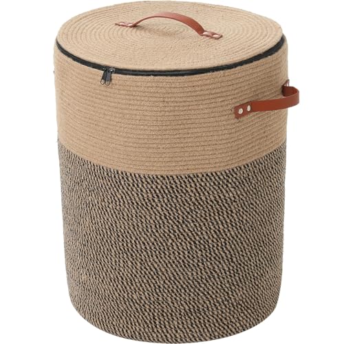 16"x20" Extra Large Cotton Rope Basket with Zipper Lid, Woven Laundry Hamper and Blanket Storage Basket, Round Clothes Bin for Living Room Bedroom, Jute & Black Mix - color: Jute/Black Mix