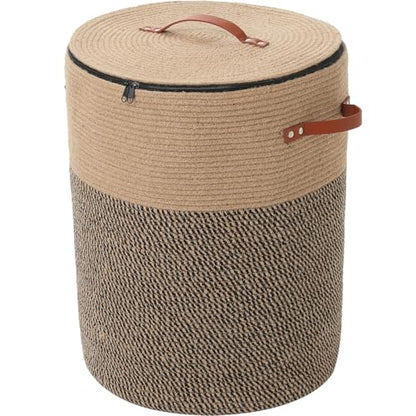 16"x20" Extra Large Cotton Rope Basket with Zipper Lid, Woven Laundry Hamper and Blanket Storage Basket, Round Clothes Bin for Living Room Bedroom, Jute & Black Mix - color: Jute/Black Mix