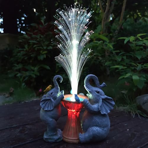 Elephant Statue Solar Garden Decor,Resin Elephant Statue and Colour Changing Optical Fiber Solar Lights,Outdoor Decor for Balcony, Garden, Patio, Yard, Lawn, Gifts for Mom Grandma - color: Gray（elephant）