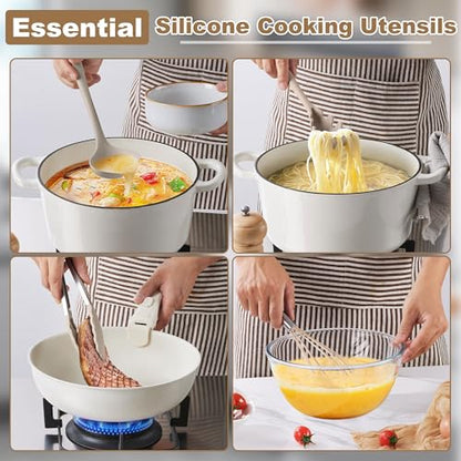 LIANYU 14 Pcs Silicone Cooking Utensils Set with Holder, Khaki | Kitchen Utensils Set for Non-Stick Cookware, 446°F Heat Resistant Cooking Tools with Comfort Grip Handle, Dishwasher safe - color: Khaki