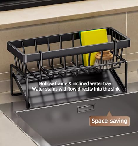 Carbon Steel Kitchen Sink Caddy, Sponge Holder Self Drain Soap Dish with Detachable Dishcloth Rack for Kitchen Countertop Organizer, Black - color: Black