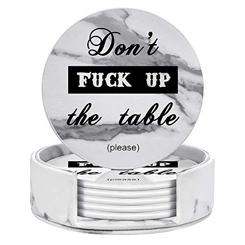 Funny Coasters, 6 Pcs Leather Coasters with Holder, Perfect Housewarming Hostess Gifts, Protect Furniture from Water Marks Scratch and Damage(6Pcs, White Marble) - color: White