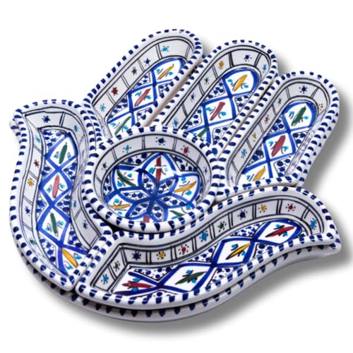 Hamsa Serving Platter – 7-Piece Hand-Painted Ceramic Colorful Serving Dishes for Snacks, Appetizers, Dips and More – Moroccon Decorative Platters for Celebrations, Parties and Events - color: Bohemian Blue, size: Hand - Large