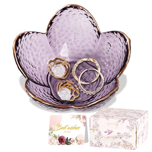 Purple Flower Jewelry Dish Glass Ring Holder Dish Jewelry Tray Cute Vanity Organizer Aesthetic Nightstand Bathroom Room Decor Trinket Dish Mothers Day Friendship Christmas Birthday Gifts for Women - color: Flower Purple