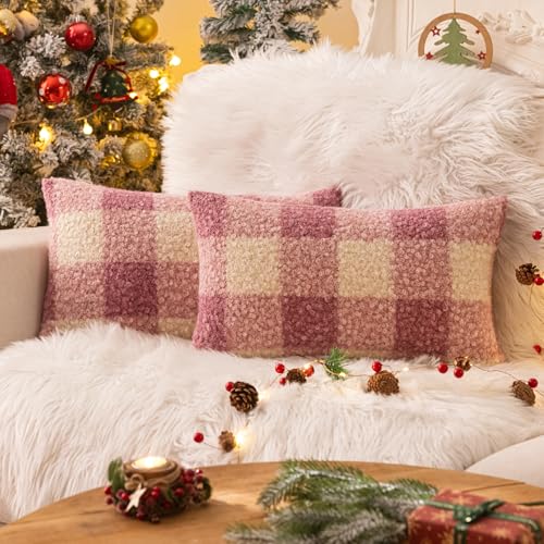 AQOTHES Purple Plaid Christmas Throw Pillow Covers 12x20 Inch Set of 2 | Boucle Decorative Pillow Covers, Xmas Cozy Fluffy Home Farmhouse Decor, for Living Room Farmhouse Sofa Couch Bed, Pillow Case - color: Purple White, size: 20" x 12" (Pack of 2)