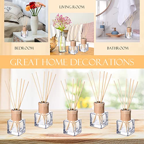 Roshtia 4 Set Reed Diffuser Bottles 50ml Glass Wooden Caps Rattan Sticks | Empty Refillable DIY Oils, Mini Square Jars Bulk, Ideal Home Office Aromatherapy Gifts, 1.7 Oz Fragrance Container