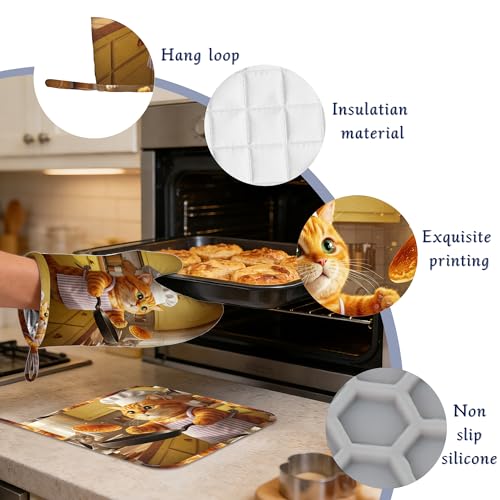 Cat Chef Pot Holders and Oven Mitts Set Silicone Funny Cats Cooking Kitchen Gloves Potholders Heat Resistant Washable,Chef Cooking Baking Gifts for Women Men Bakers Lover Cooks - color: Cat Chef,funny Cats Cooking