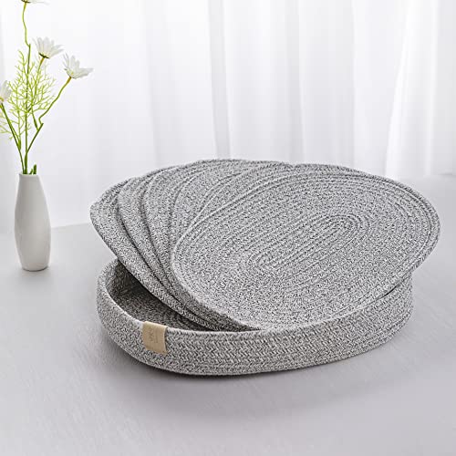 Oval Cotton Rope Placemats Set of 6 with Holder, Heather Gray | 6 x 12 inch, machine washable, softly blended gray weave, everyday heat protection - color: Heather Gray, size: 16*12