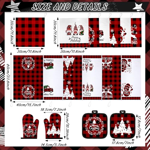 Sratte 20 Pcs Christmas Kitchen Towel Oven Mitts and Pot Holders Set Red and Black Buffalo Plaid Dish Cloths Set Heat Resistant Oven Gloves Hot Pads Reusable Dish Rags, Absorbent Towels