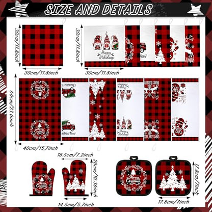 Sratte 20 Pcs Christmas Kitchen Towel Oven Mitts and Pot Holders Set Red and Black Buffalo Plaid Dish Cloths Set Heat Resistant Oven Gloves Hot Pads Reusable Dish Rags, Absorbent Towels