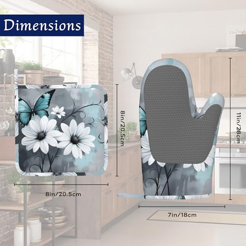 Turquoise Daisy Butterfly Oven Mitts and Pot Holders Sets of 4 Farm Floral Heat Resistant Silicone Oven Mits Gloves Non-Slip Kitchen Mittens Potholders for Cooking Baking Grilling BBQ - color: Turquoise Daisy Butterfly,farm Floral