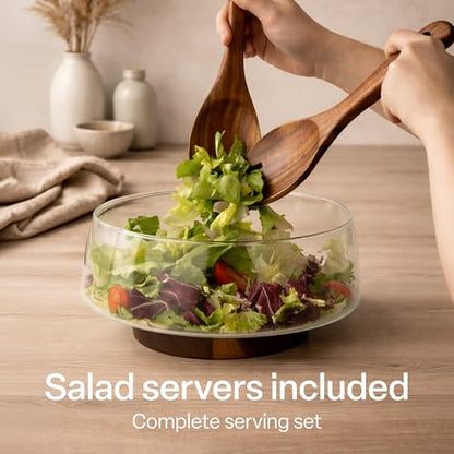 MIAMIO - Glass Salad Bowl Set/Salad Bowl with Serving Utensils (120 oz) | Glass Salad Bowl with Wood Base, Large Salad Bowl with Cutlery / Glass Fruit Bowl / Trifle Dish / Glass Serving Bowl