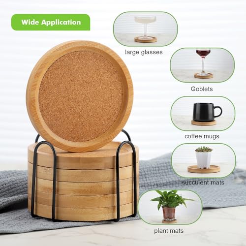 Bamboo Cork Coasters for Drinks Absorbent with Holder Set of 6, Bamboo Coasters for Drinks Coaster Sets Rustic Farmhouse for Coffee Table Dining Table Set of 6 4.33in