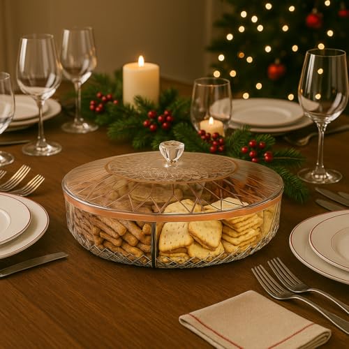 Clear Divided Snack Serving Tray with Lid – 6-Compartment Party Platter with Rose Gold Accent Lines for Candy, Fruit, Nuts, Chips, Appetizers & Desserts
