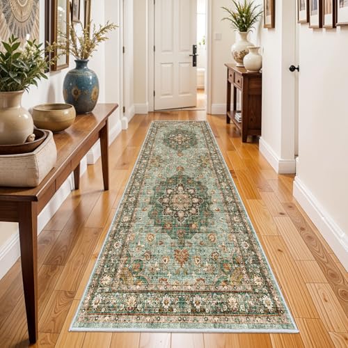 TOPRUUG Washable 3x8 Kitchen Runner Rug: Indoor Oriental Hallway Carpet | Low-Pile Stain Resistant Entryway Bathroom Area Rug Non Slip Vintage Ultra-Soft Floor Mat for Bedroom Home Decor(3x8,Beige) - color: Green, size: 3' x 8' (Rectangular)