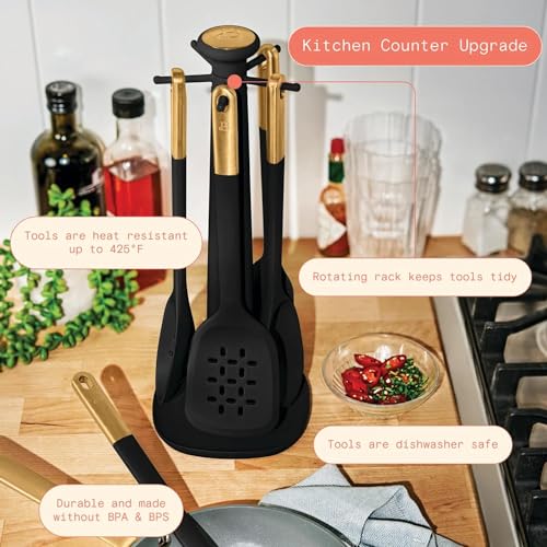 6 Piece Silicone Kitchen Utensil Set with Rotating Holder, Heat Resistant Cooking Tools, Nonstick Safe Spatula Spoon Turner Set with Storage Rack (Black Sesame) - color: Black Sesame