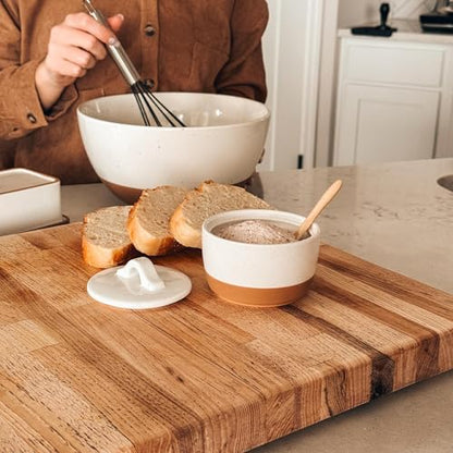 Mora Ceramic Salt and Pepper Cellar Set with Lid - 10 oz Modern Canister/Container/Bowl for Storage, Sea Salt, Spice, Sugar, Countertop - Small Dish/Jar with Wood Spoon, White Crock - color: Vanilla White
