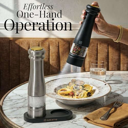 Styled Settings Electric Salt and Pepper Grinder Set, Black & silver | Automatic Stainless Steel Grinders, LED Light, Battery Operated, Adjustable Coarseness, Wood Base, Salt And Pepper Mill - color: Black & Silver