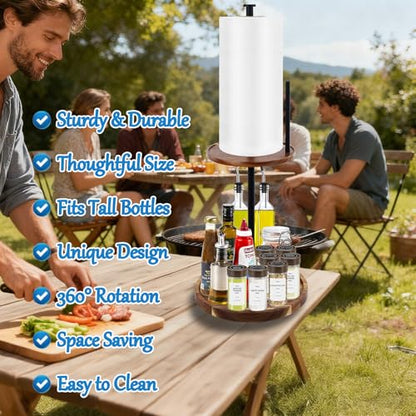 2-in-1 Spice Rack with Paper Towel Holder, Rotating Kitchen Countertop Storage, Lazy Susan Turntable Organizer, 2 Tier Wood tray for Kitchen, BBQ, Party, Tall Bottle Compatible