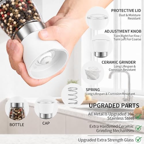 Premium Salt and Pepper Grinder Set of 2, 6 oz Refillable Glass Salt and Pepper Shakers with Adjustable Ceramic Grinder, Manual Pepper Mill Set Includes Funnel & Cleaning Brush, Transparent Lid - color: White, size: 2.6"W x 5"H