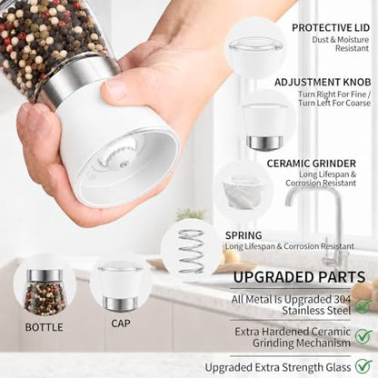 Premium Salt and Pepper Grinder Set of 2, 6 oz Refillable Glass Salt and Pepper Shakers with Adjustable Ceramic Grinder, Manual Pepper Mill Set Includes Funnel & Cleaning Brush, Transparent Lid - color: White, size: 2.6"W x 5"H