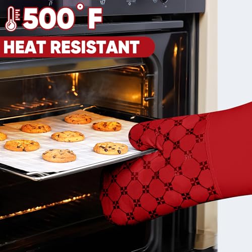 Oven Mitts Kitchen Towels Dishcloths with Pot Holders Sets 12PCS, Dish Towels Sets, Oven Gloves Pot Pads Heat Resistant 500 Degrees with Non-Slip Silicone Surface for Cooking Baking Grilling Red - color: Red