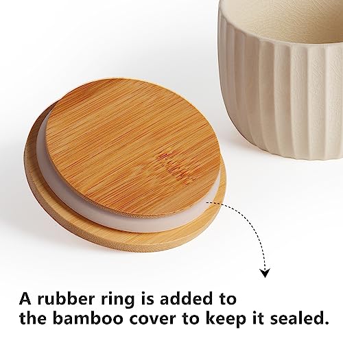 Salt Cellar Keeper with Bamboo Lid, 14oz Big Capacity Ceramic Sugar Bowls Pepper Box, Crackle Glaze Seasoning Container Condiment Pot for Kitchen, (Cream Color), 4″×4″ - color: Cream