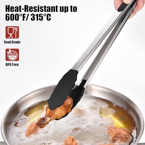 Doosu 16in Kitchen Tong for Cooking - 600°F Heat Resistant Food Tong with Non-Scratch Silicone Tips & 600°F Heat Resistant Silicone Spoon Spatula Set of 3 Cooking Spoons for Stir Mixing (Black)
