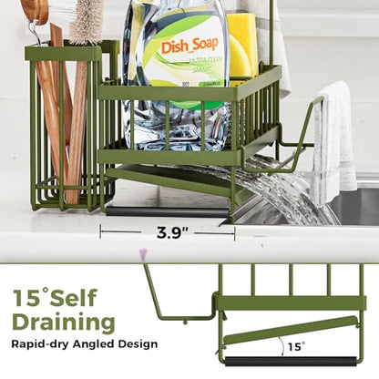 Kitchen Sink Organizer, Stainless Steel Sponge Holder, Green | Rust-Resistant Steel, Detachable Draining Board, Compartment Divider, Brush Holder & Towel Bar, Ideal for Kitchen Storage - color: Green