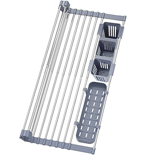 BBXTYLY Expandable Roll Up Dish Drying Rack Up to 22.8''with 2 Storage Baskets,Over The Sink Kitchen Rolling up Dish Drainer Drying Rack, Foldable,Rollable,for Kitchen Dishes(Expandable Width Size) - color: Gray