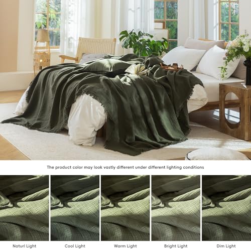 MooMee 100% Cotton Muslin Blanket, Fringed 4-Layer Gauze Bed Throw Blankets | Soft Breathable Lightweight Thin Coverlet Summer Blankets for Adults, Bed & Couch All Seasons, Olive Green, 98" x 98" - color: Olive Green, size: Oversize Queen