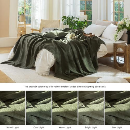 MooMee 100% Cotton Muslin Blanket Fringed 4-Layer Gauze Bed Throw, Queen | Soft Breathable Lightweight Thin Coverlet Summer Blankets for Adults, Bed & Couch All Seasons, Olive Green, 90" x 90" - color: Olive Green, size: Queen