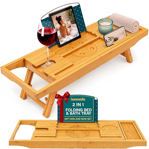SereneLife 2 in 1 Bed and Bath Tray - Foldable Bamboo Bathtub Caddy with Adjustable Length, Non-Slip, Device Holder, Wine Glass Slot, Expandable for Comfortable Bathing, Natural, Standard, Folding Set