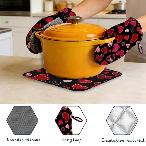 Red Hearts Pot Holders and Oven Mitts,Cute Oven Mitts Heat Resistant Cotton Lining Anti-Slip Silicone Kitchen Mitts Set Hot Pads for Microwaves Cooking Baking Grilling - color: Red Hearts