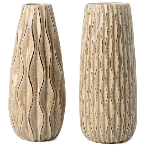 VICTOR & TERESA Ceramic Vase for Flowers, 10'' Set of 2 Decorative Rustic Beige Vases for Home Decor, Farmhouse Vases for Pampas Grass, Table, Mantel, Living Room, Shelf, Centerpieces, Gifts for Mom - color: Beige, size: Large