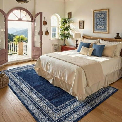 8x10 Area Rugs for Living Room, Machine Washable Area Rug for Bedroom, Modern Solid Rug with Non Slip Backing, Stain Resistant Non Shedding Bordered Carpet for Dining Room, Kids Room, Blue | Modern Solid Non Slip Backing Neutral Border Stain Resistant Non