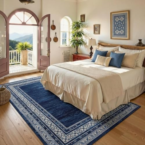 Modern Solid Area Rug 5x7 Washable Non Slip Neutral Rugs for Living Room, Non-Shedding Stain Resistant Bordered Throw Carpet, Neutral Foldable Floor Rugs for Bedroom Dining Table, Blue | Non Slip Neutral Border Non Shedding Stain Resistant Low Pile Foldab